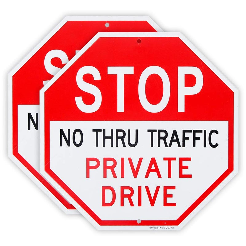 Enjoyist 2 Pack No Thru Traffic Private Drive Sign, 12"x 12" 40 Mil Rust Free Aluminum Reflective Sign, UV Protected and Weatherproof - Image 1